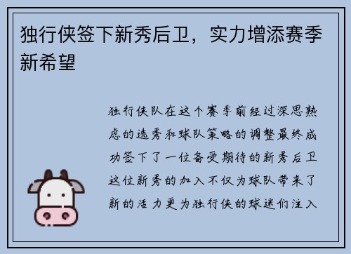 独行侠签下新秀后卫，实力增添赛季新希望