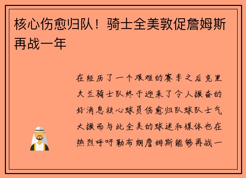 核心伤愈归队！骑士全美敦促詹姆斯再战一年