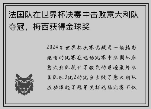 法国队在世界杯决赛中击败意大利队夺冠，梅西获得金球奖
