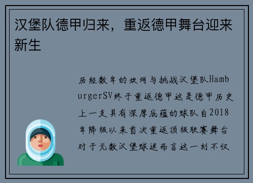 汉堡队德甲归来，重返德甲舞台迎来新生