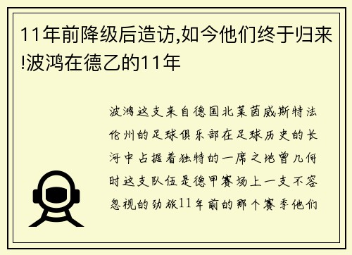 11年前降级后造访,如今他们终于归来!波鸿在德乙的11年