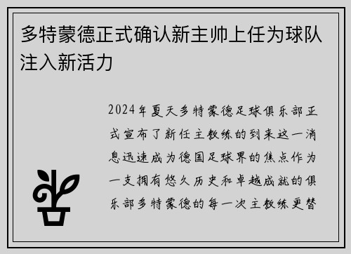 多特蒙德正式确认新主帅上任为球队注入新活力