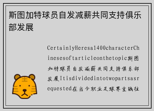 斯图加特球员自发减薪共同支持俱乐部发展