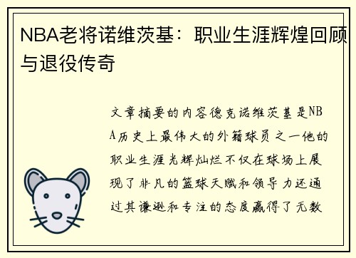 NBA老将诺维茨基：职业生涯辉煌回顾与退役传奇