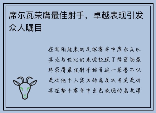 席尔瓦荣膺最佳射手，卓越表现引发众人瞩目