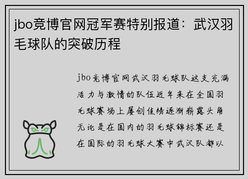 jbo竞博官网冠军赛特别报道：武汉羽毛球队的突破历程